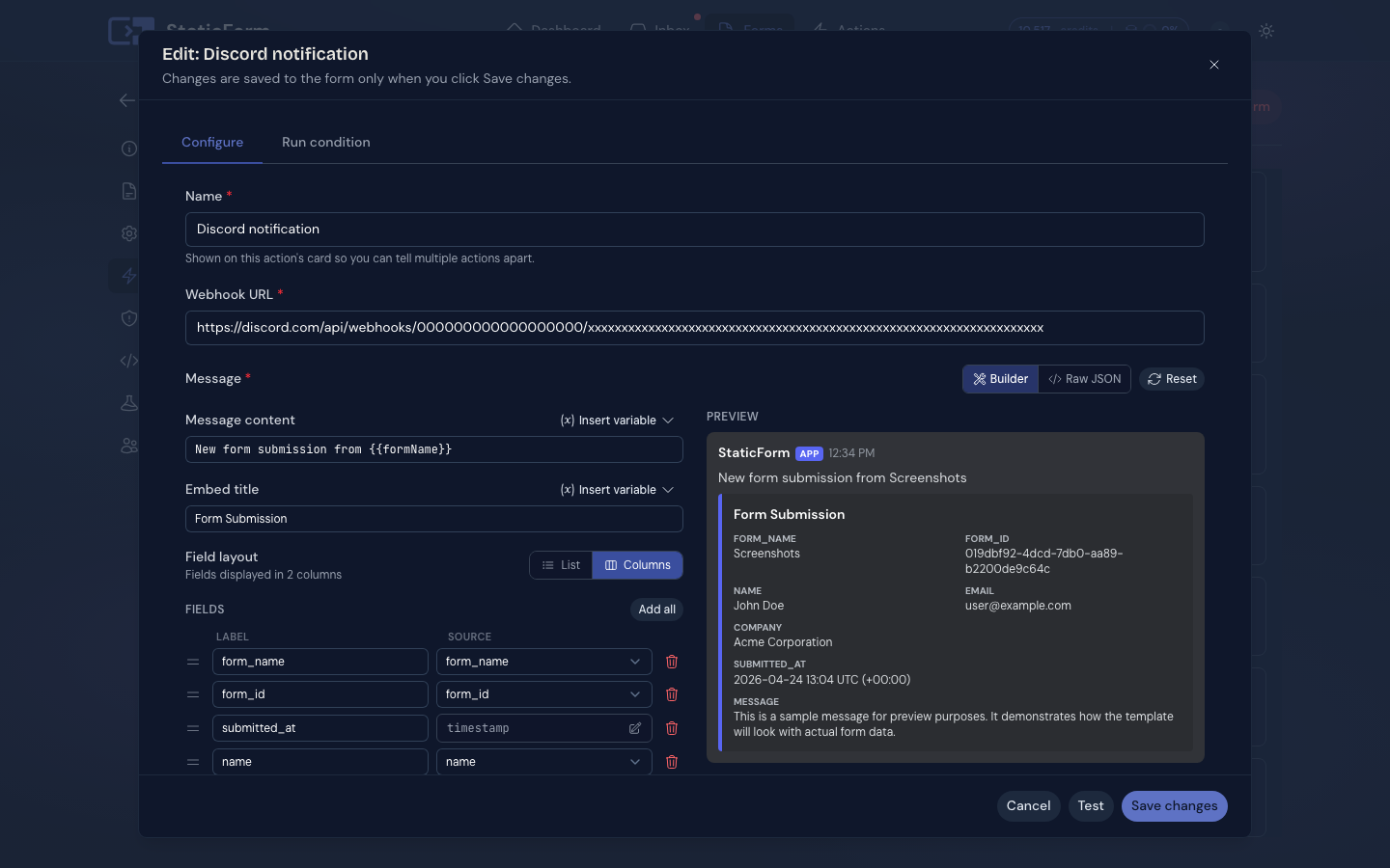 Discord action configuration in StaticForm