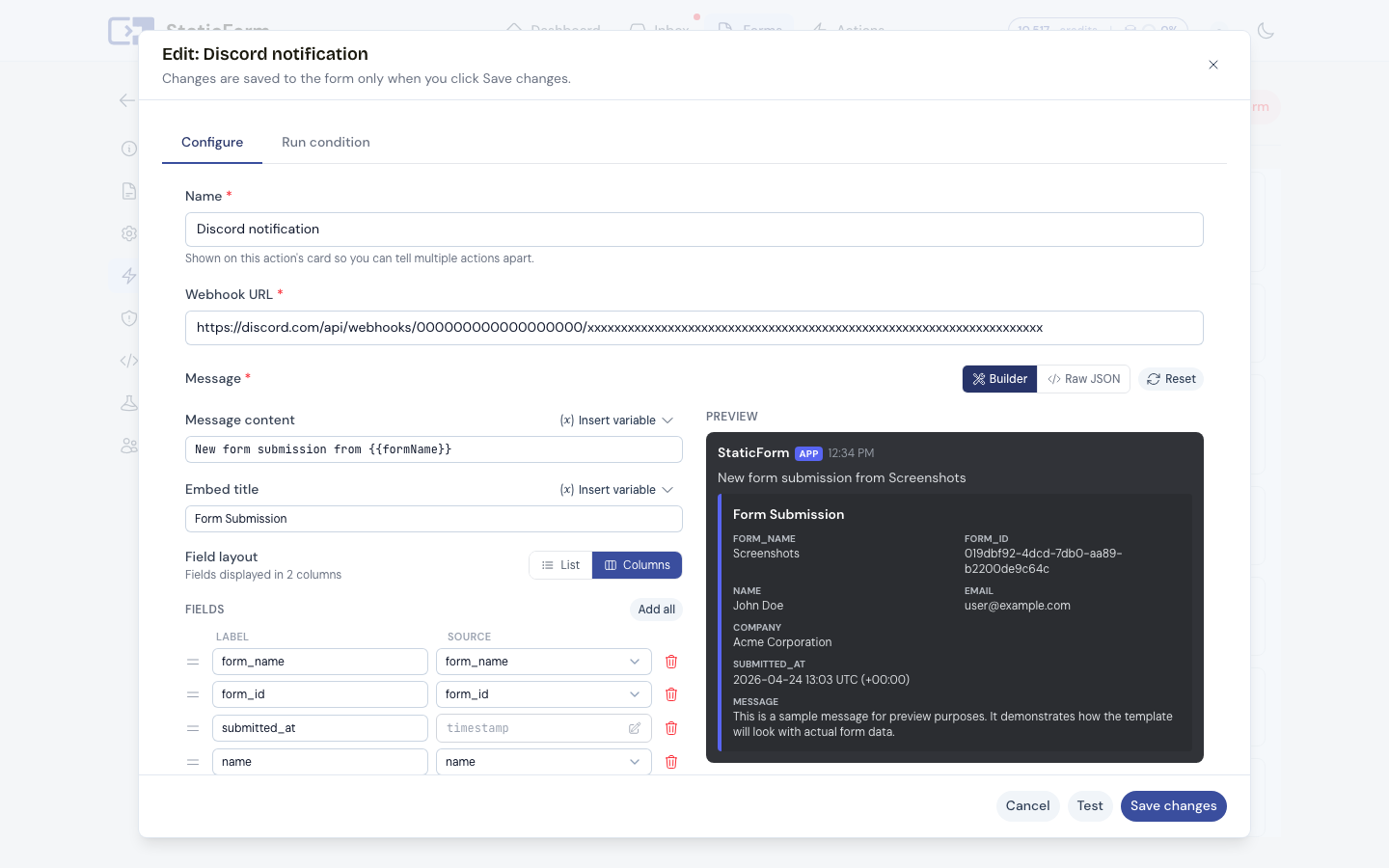 Discord action configuration in StaticForm