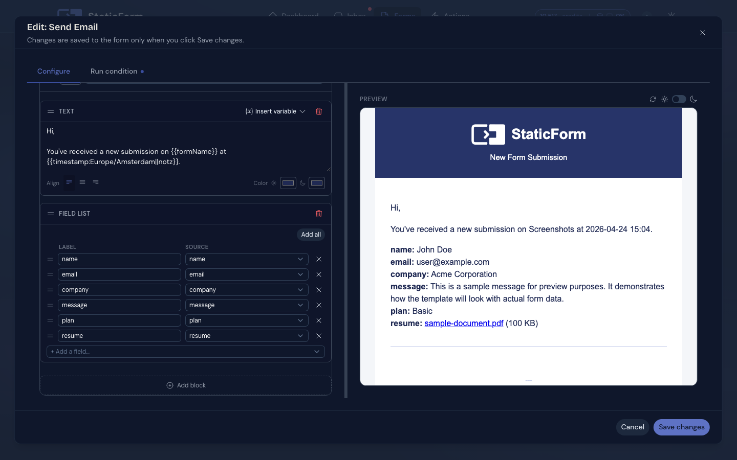Email action configuration