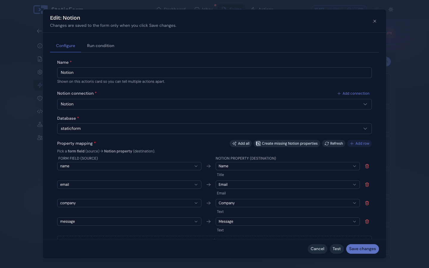 Notion action configuration in StaticForm