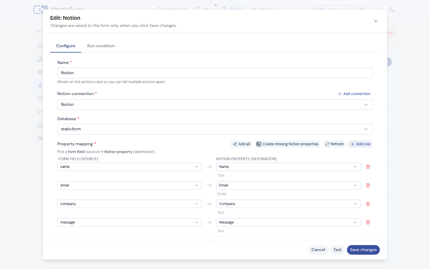 Notion action configuration in StaticForm