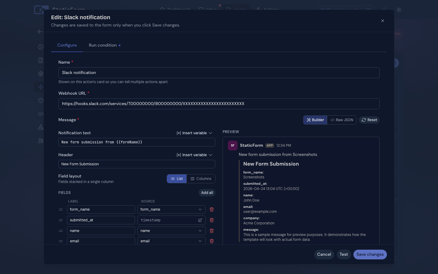 Slack action configuration