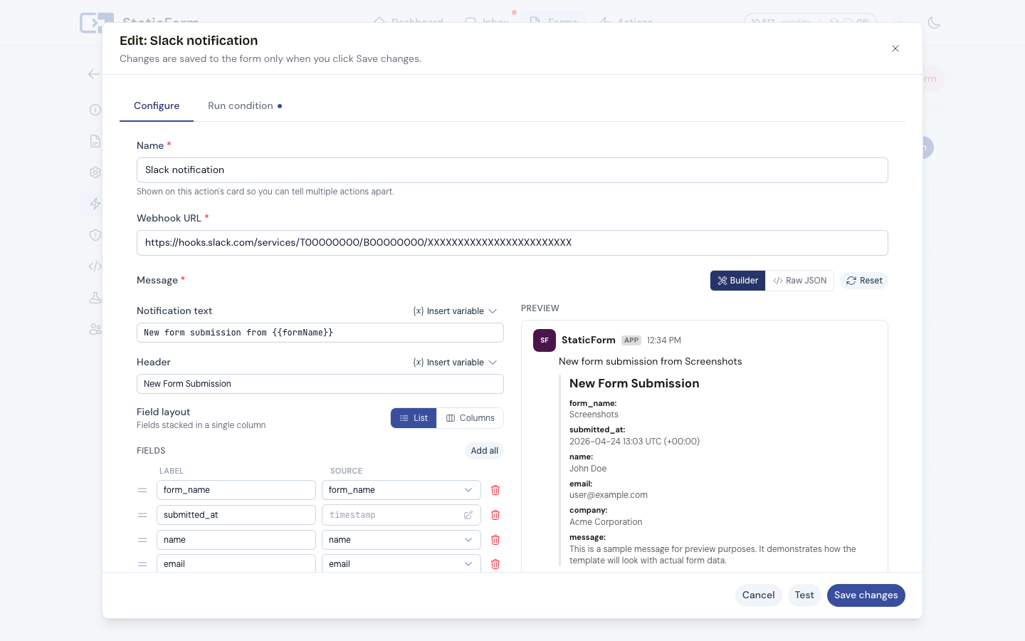 Slack action configuration