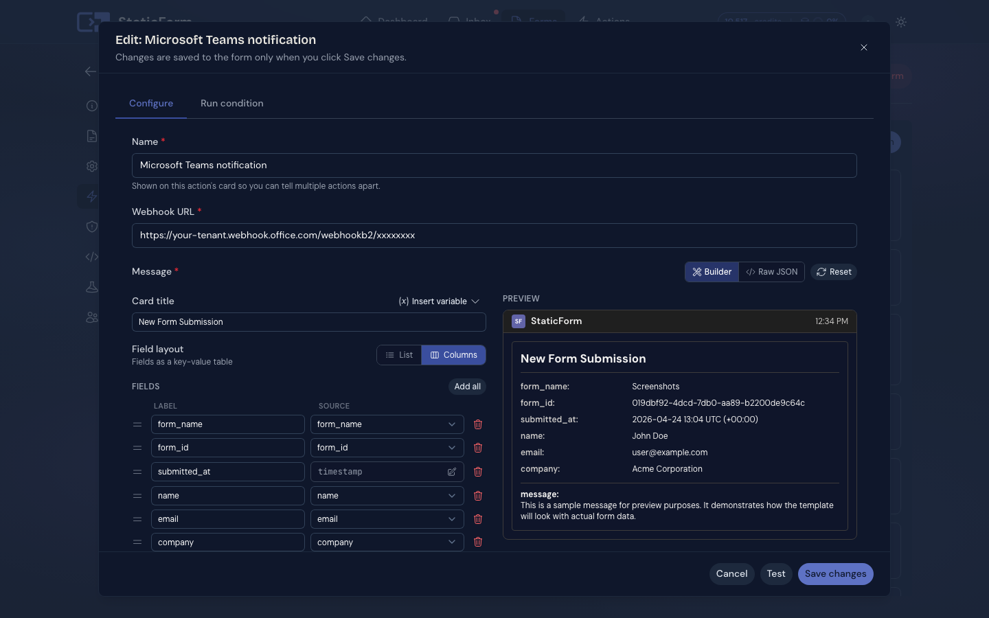 Microsoft Teams action configuration in StaticForm