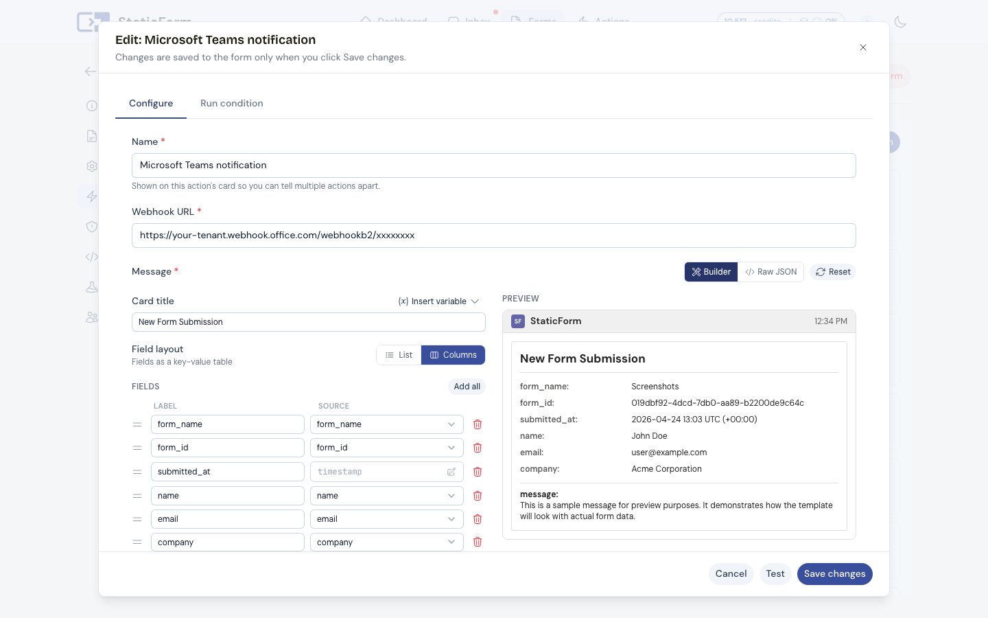 Microsoft Teams action configuration in StaticForm