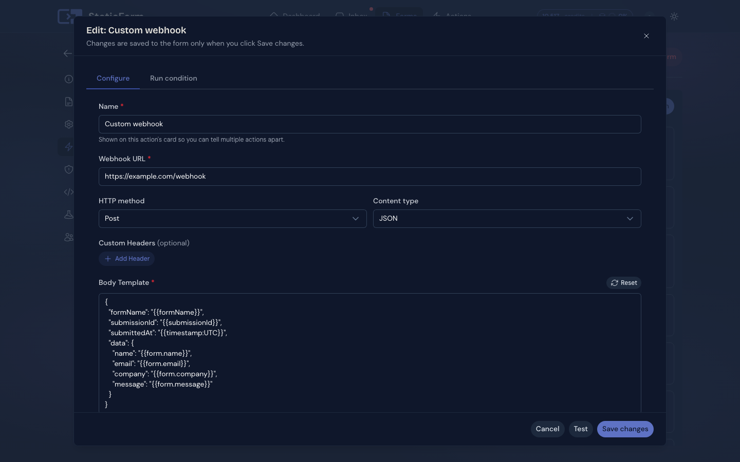 Custom webhook action configuration in StaticForm