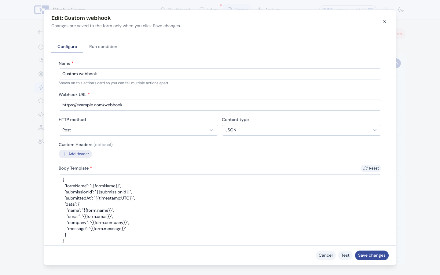 Custom webhook action configuration in StaticForm
