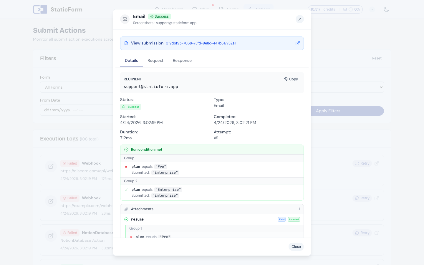 Execution log detail showing submit action results